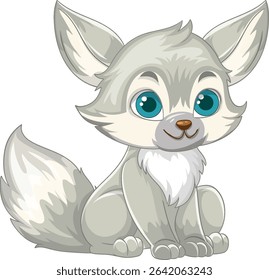 Adorable vector illustration of a fennec fox with large blue eyes, soft colors, and a playful expression