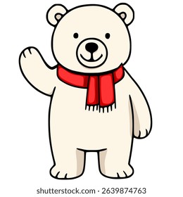 Adorable vector illustration of a friendly polar bear wearing a red scarf, waving hello, perfect for childrens books, winter-themed designs, or holiday greetings.