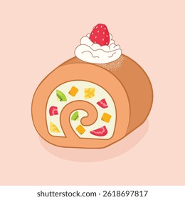 Adorable vector illustration of a fruit roll cake filled with colorful fruits like kiwi, mango, banana and strawberries, topped with whipped cream and a fresh strawberry. Hand-drawn cartoon style