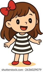 Adorable vector illustration of a happy little girl with a red bow in her brown hair, wearing a black and white striped dress and red shoes. She is smiling and standing with open arms on a white backg