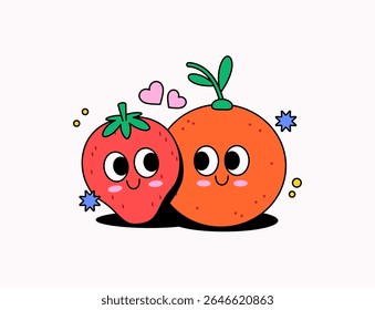 Adorável ilustração vetorial de um morango feliz e caráter laranja abraçando-se, com corações e elementos decorativos coloridos