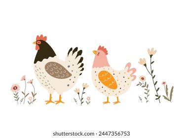 Adorable vector illustration of a hen and rooster among spring flowers on a white background