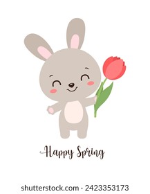 Adorable vector illustration kawaii rabbit holding a tulip. For Easter greeting card, poster, invitation. Playful and tender touch to spring graphic, bringing joy to designs for children and adults.