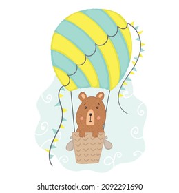 Adorable vector illustration for kids, cute brown bear flying in colorful hot air balloon. Children illustration for cards, posters, prints, baby shower design, nursery decorations, puzzles