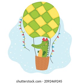 Adorable vector illustration for kids, cute orange crocodile flying in colorful hot air balloon. Children illustration for card, poster, print, baby shower design