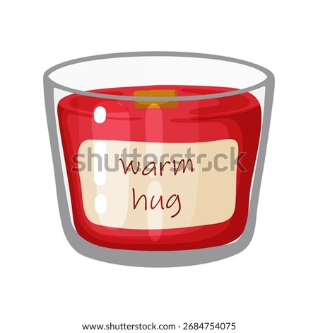 Adorable vector illustration of a lit red scented candle in a transparent glass jar. Features a cozy warm hug label, perfect for creating a relaxing atmosphere, winter decor, and holiday projects.