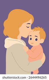 Adorable vector illustration of a mother gently kissing her baby while holding them. Ideal for family, motherhood, parenting, and love-related themes.