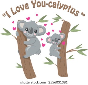 Adorable vector illustration of a mother koala and her baby climbing eucalyptus or bamboo trees, with hearts between them. A sweet and heartwarming depiction of love, nature, and family bond