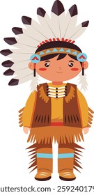 Adorable vector illustration of a Native American boy in traditional attire, complete with a headdress and fringe outfit.