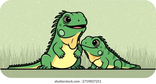 Bezaubernde Vektorgrafik einer Elterniguana mit ihrem Baby im flachen, niedlichen Cartoon-Stil. Perfekt für Kinderinhalte und Tierthemen.