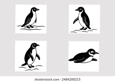 Adorable vector illustration of penguins awkwardly waddling along the shoreline in their natural habitat.