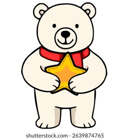 Adorable vector illustration of a polar bear wearing a red scarf and holding a golden star, showcasing a charming and festive design.