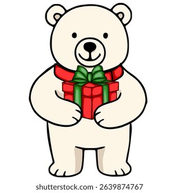 Adorable vector illustration of a polar bear wearing a red scarf and holding a red gift box with a green bow, perfect for Christmas or winter holiday designs.