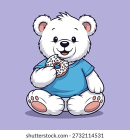 Adorable Ilustración vectorial de un cachorro de oso polar con una camisa azul, sentado y sosteniendo un panal. Perfecto para los temas de los niños y diseños lindos.