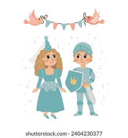 An adorable vector illustration of a princess and a knight, perfect for a poster in a child's room.