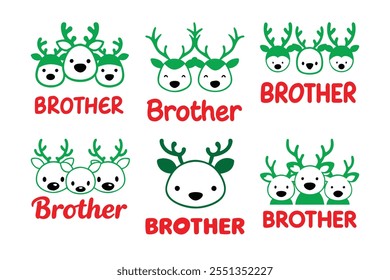 Adorable vector illustration of a reindeer family featuring a typography design with the word "Brother." Perfect for holiday cards, family-themed projects, and festive designs