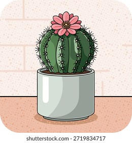 Adorable Ilustración vectorial de un cactus redondo con una flor floreciente en una maceta.