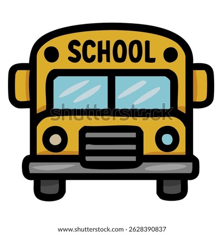 Adorable vector illustration of a school bus front view, featuring a cartoonish style with bold outlines and bright yellow color.