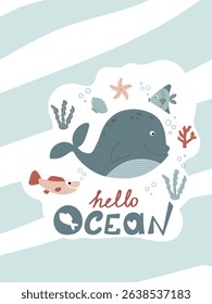 Adorable vector illustration of sea animals including a smiling whale, fish and coral. Perfect for nursery decor, greeting cards and marine life educational materials.