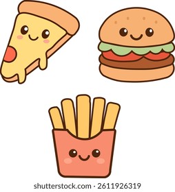 Adorable vector illustration set of smiling pizza slice, burger, and french fries. Perfect for kids' designs, stickers, packaging, print-on-demand products, and digital art.