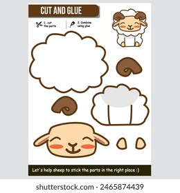 Adorable vector illustration of sheep for educational paper game for kids. Cut and glue activity.