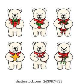 Adorable vector illustration of six cute polar bears in red scarves holding various Christmas symbols: gift, ball, wreath, star, candy cane, and mistletoe.