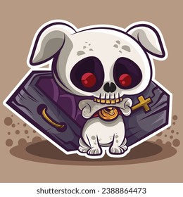 Adorable vector illustration of a skeleton dog savoring its bone snack in a sticker-style design.