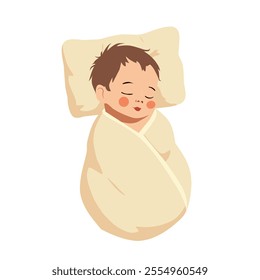 Adorable vector illustration of a sleeping baby wrapped in a soft blanket with a pillow. Perfect for baby-themed designs, parenting projects, or nursery decorations.