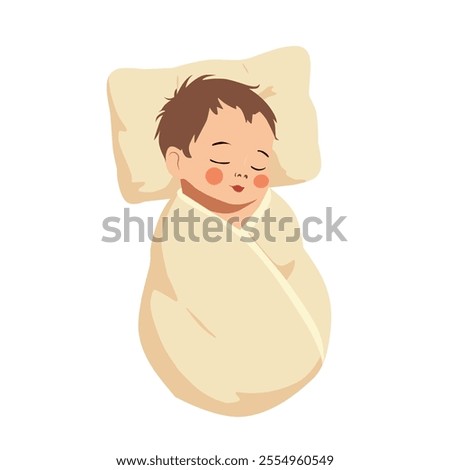 Adorable vector illustration of a sleeping baby wrapped in a soft blanket with a pillow. Perfect for baby-themed designs, parenting projects, or nursery decorations.