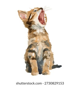 Adorable Ilustración vectorial de un gatito adormilado bostezando ampliamente, perfecto para diseños relacionados con mascotas, libros infantiles o temas de animales.