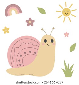 Adorable vector illustration of smiling cartoon snail with flowers, sun, rainbow, leaves and grass. Perfect for nursery designs, nursery decor, educational materials and children's clothing prints