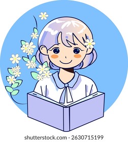 Adorable vector illustration of a smiling girl reading a book, surrounded by gentle white flowers and a soft blue background.