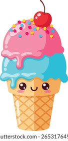An adorable vector illustration of a smiling ice cream cone with pink and blue scoops, colorful sprinkles, and a cherry on top.