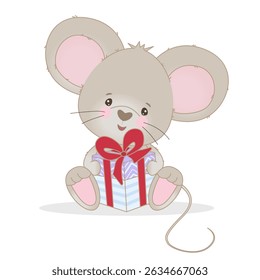 Ilustração vetorial adorável de um rato sorridente segurando uma caixa de presente colorida. A ilustração é perfeita para temas infantis, cartões de aniversário e decorações festivas.