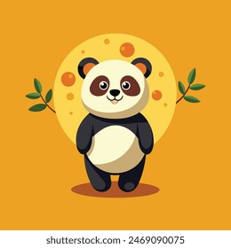 Adorable vector illustration of a smiling panda standing with bamboo leaves on a warm background