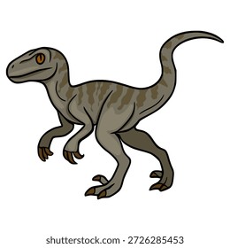 Adorable Ilustración vectorial de un dinosaurio raptor estilizado con rayas marrones y grises y ojos naranjas.