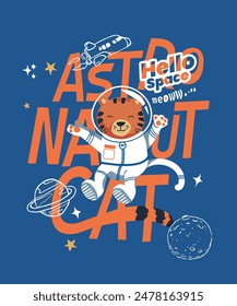 An adorable vector illustration of a tiger wearing an astronaut costume in outer space, with a background of the moon, rocket, and planets. 