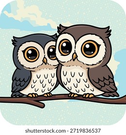 Adorável ilustração vetorial de duas corujas sentadas juntas em um galho de árvore.
