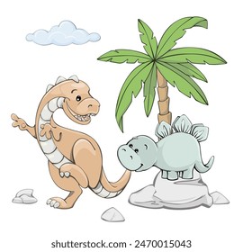 Adorable vector illustration of two playful dinosaurs in a prehistoric scene with a palm tree and rocks. Perfect for children's decor, and nursery art. Whimsical and cute design.