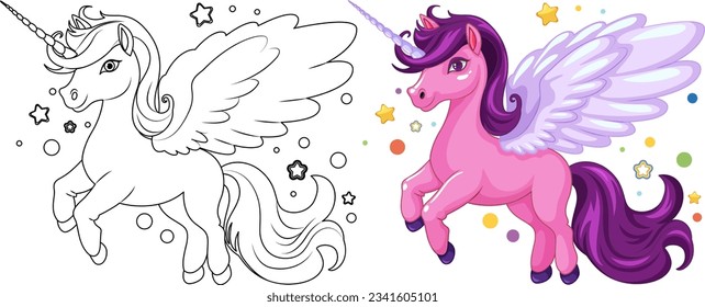 Adorable vector illustration of a unicorn for coloring fun