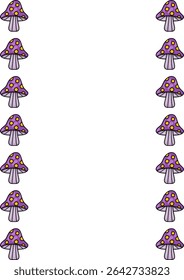 Adorable vector illustration of a whimsical border featuring a repeating pattern of purple mushrooms with yellow polka dots, perfect for childrens designs or magical themed projects.