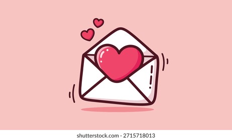 Adorable vector illustration of a white open envelope containing a vibrant pink heart, with smaller hearts floating above, symbolizing love and romance.