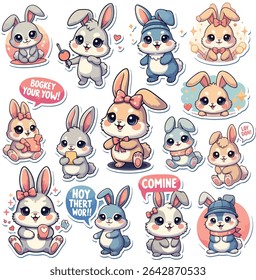 Adorable vector illustrations of bunnies stickers in various poses and outfits.
