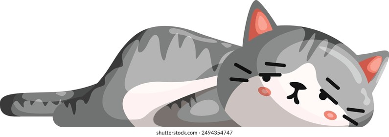 Adorable vector of a lazy gray cat lounging comfortably. Perfect for greeting cards, stickers, and digital projects. This relaxed feline adds a charming touch to any design. Ideal for cat lovers.