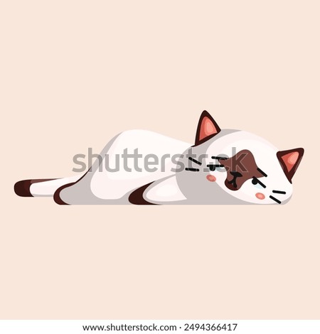 Adorable vector of a lazy Himalayan Siamese cat lounging comfortably. Perfect for greeting cards, stickers, and digital projects. This relaxed feline adds a charming touch to any design. Ideal for cat