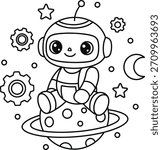 Adorable vector line art of a friendly baby robot or astronaut character sitting on a Saturn-like planet, surrounded by stars, moon, and gears. Perfect printable coloring book page for kids and educat