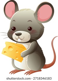 Adorable ratón de Vector con queso, sombreado suave, Formas redondeadas, colores brillantes, fondo blanco