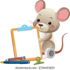 Adorable vector mouse stands behind a blank clipboard surrounded by pencils, pens, and tape