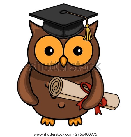 Adorable vector owl wearing a graduation cap and holding a diploma scroll with a red ribbon, isolated on white background.