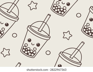 Adorable vector pattern featuring happy boba tea cups with boba pearls and scattered star shapes.